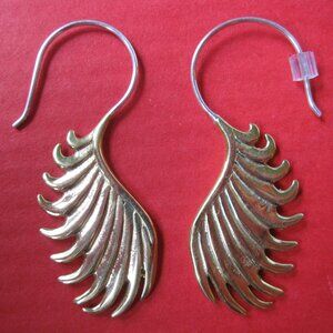Tribal Frond earrings, Hand Cast Yellow Brass and sterling silver ear wires